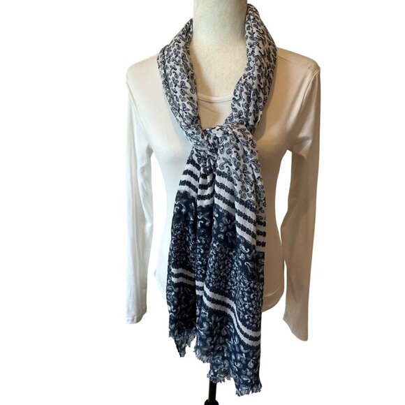 Blue White Paisley Pattern Scarf 70in Striped Frayed Edge Head Wrap Hijab Cruise - Picture 4 of 8